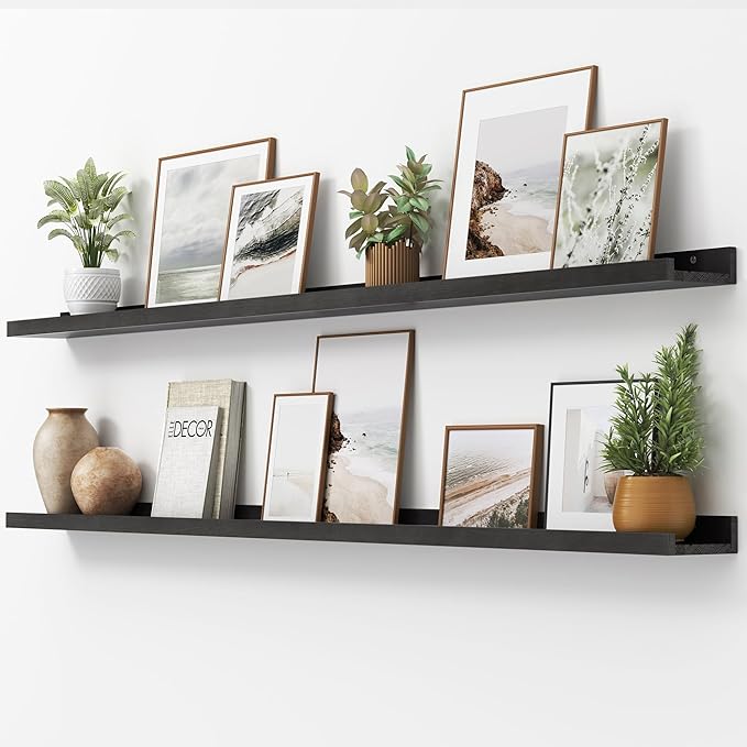 Picture Ledge Shelf, Floating Shelves Set of 2, Solid Pine Wood 72'' Long Large Nursery Book Shelves for Toys Storage, Kids Bookshelf for Living Room Bedroom Decor Books Photo Frames, Black-Ruum Studio Home