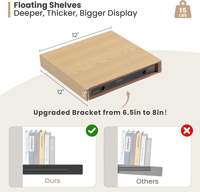 Heimlove 12 Inch Deep Floating Shelves, 12 x 12 inches Long Wall Shelf, Large Extra Display Shelf & Storage Shelf, Rustic Wood Wall Shelves for Fireplace Mantel, Oak - 2Pack-Ruum Studio Home