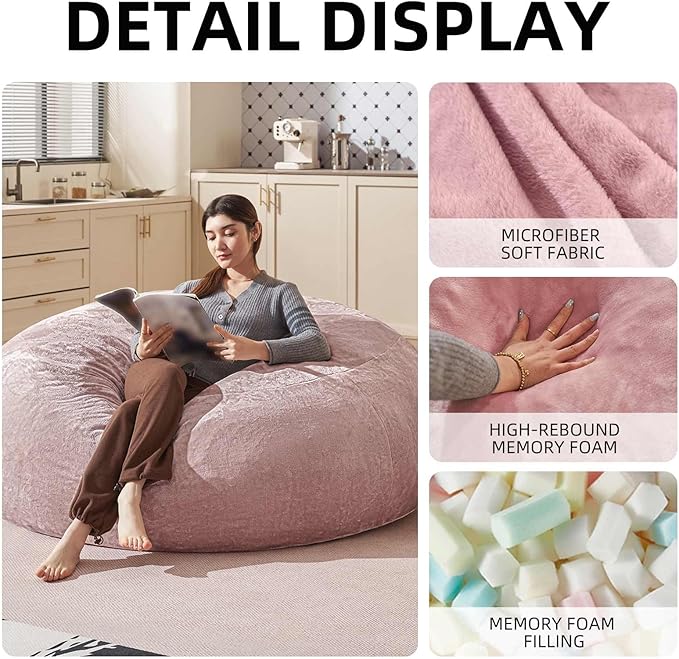Bean Bag Chair 6Ft, Memory Foam Filled, Large Beanbag Chairs for Adults and Teens, Soft Sofa with Removable Flannel Cover, Round Couch for Living Room Bedroom College Dorm (Pink, 6FT-67×67"×24")-Ruum Studio Home