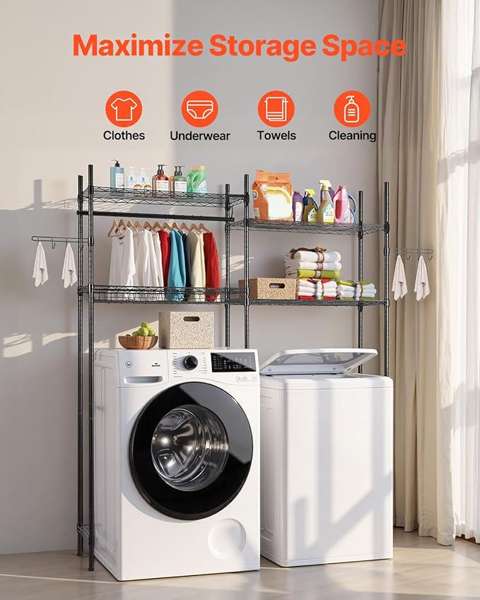 VEVOR Over The Washer and Dryer Storage Shelf, 4 Tier Laundry Room Drying Rack with Hanger Rod and Hooks, Adjustable Over Washer and Dryer Shelves, Laundry Room Shelf Storage Space Saver, Black-Ruum Studio Home