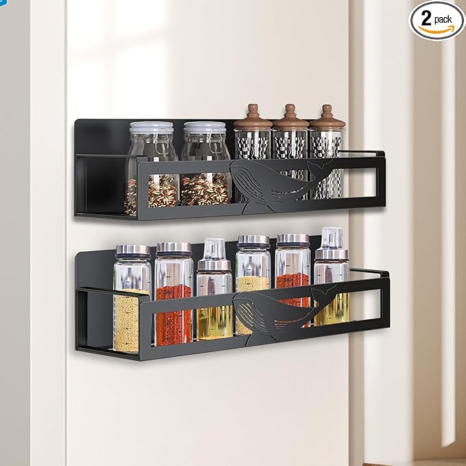 Magnetic Spice Rack for Refrigerator, 2-Pack Metal Spice Organizer for Kitchen Storage Organization, Magnetic Shelf for Fridge Space Saving Seasoning Organizer, Black-Ruum Studio Home