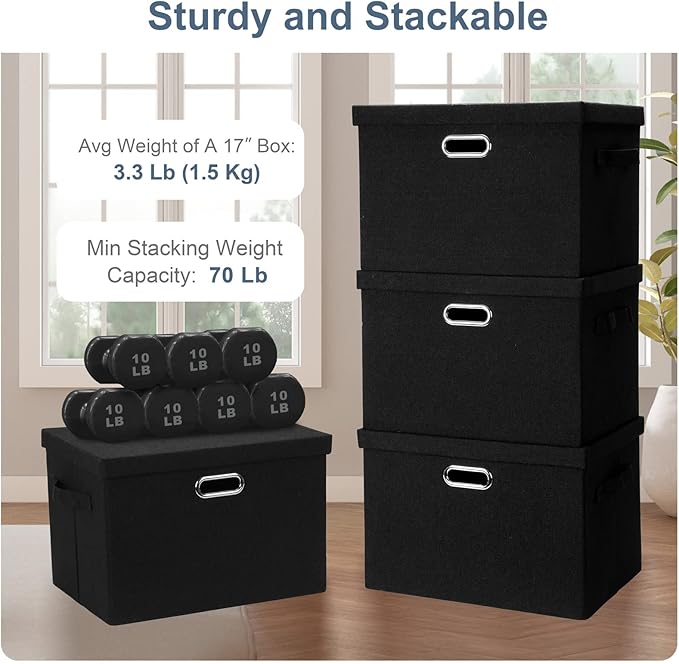 Large 17" 36 Quart Collapsible Stackable Storage Bins with Lids, 5 Packs Black Linen Fabric Closet Boxes with Lids, Storage Cube Baskets Container Organizers for Bedroom Office(17 x12 x11)-Ruum Studio Home