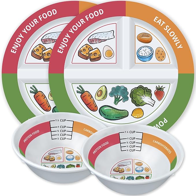 4 Pcs Portion Control Plates & Bowls Set (9 Inch), Self-Measuring for Weight Loss, Gastric Bypass, LapBand, Diabetes, & Healthy Diets, Divided Nutrition Plates for Adults & Children-Ruum Studio Home