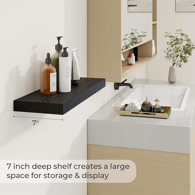 24 inch Floating Shelves Long Floating Shelves for Wall Large Wall Mounted Shelves with Invisible Brackets, Black Shelves for Bathroom, Living Room, Kitchen, Office, 24x6.7 inch deep Set of 2-Ruum Studio Home