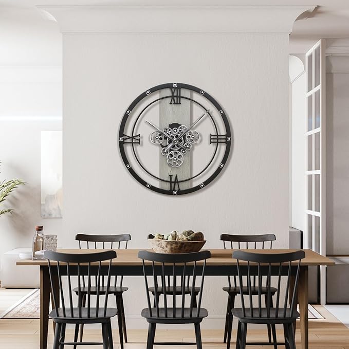 Micasso 24 inch Large Real Moving Gears Wall Clock: Black Industrial Steampunk Roman Numeral Clock - Modern Wall Decor for Living Room/Entryway/Office-Ruum Studio Home