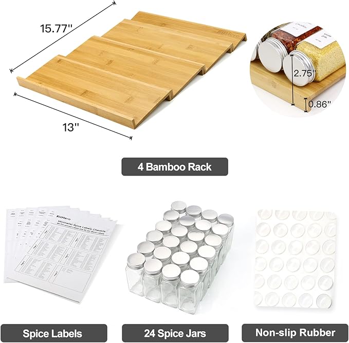 Spice Drawer Organizer with 24 Spice Jars and 216 Labels,Non-slip Rubber, Bamboo 4 Tier Spice Racks Tray Seasoning Containers for Kitchen Drawers,Cabinets,Countertops,13" Wide * 15.8" Deep-Ruum Studio Home