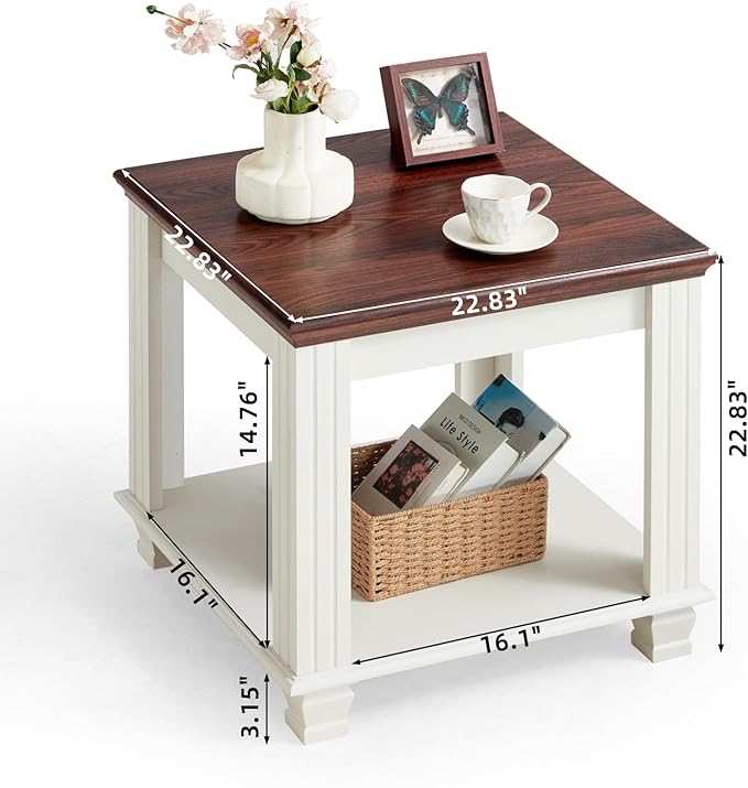 Farmhouse End Table Set of 2,Large Side Table with 2-Tier Storage Shelf,Rustic Wood End Tables for Living Room,Square Tea Table,White-Ruum Studio Home