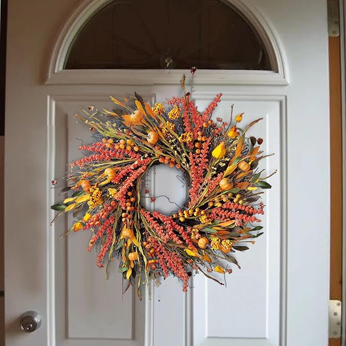 WANNA-CUL 24 inch Fall Wreath Decor for Front Door with Pumpkins, Hawthorn,Grain,Lantern Fruit,Berries,Eucalyptus Leaves, Large Harvest Door Wreath for Autumn or Thanksgiving Decoration-Ruum Studio Home