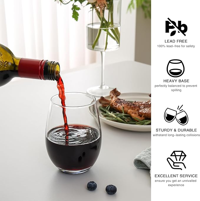 Stemless Wine Glasses Set of 4, 18 Ounces Red & White Wine Glasses for Party, Lead-free, Ideal Wine Accessories Gift (Clear)-Ruum Studio Home