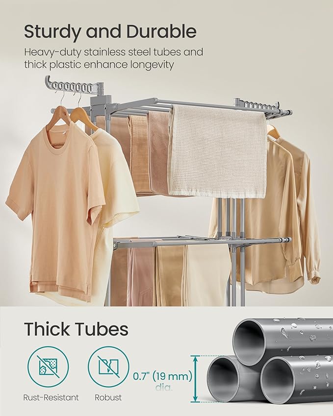 SONGMICS Clothes Drying Rack 4-Tier, Foldable Laundry Drying Rack 69.9-Inch Tall, Extendable Rods, Stainless Steel, Rolling Clothes Horses, Clothes Airer, Indoor Outdoor Use, Dove Gray ULLR704G01-Ruum Studio Home