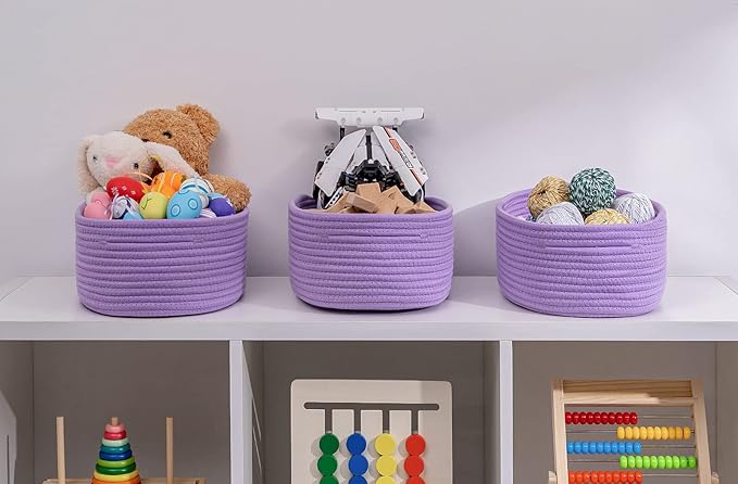 Baskets Bins for Shelf Storage Organizing/Cute Basket to Store and Organize Household Items/Woven Rope Basket for Living Room, Bedroom,Playroom,3 Packs Purple Basket-Ruum Studio Home