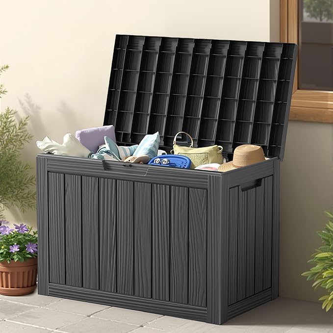 45 Outdoor Storage Box, Waterproof Resin Deck Box with Side Handles, Lockable Outdoor Bench for Indoor & Outdoor Use, Storage Bin for Patio Cushions, Garden Tools, Package Delivery, Black-Ruum Studio Home