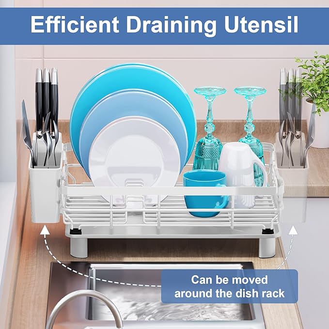 MOUKABAL Dish Drying Rack, Dish Rack, Large Dish Racks for Kitchen Counter, Drying Rack Kitchen with Removable Utensil Holder, Drainboard 16.9" x 12.9" x 5.9"(White)-Ruum Studio Home