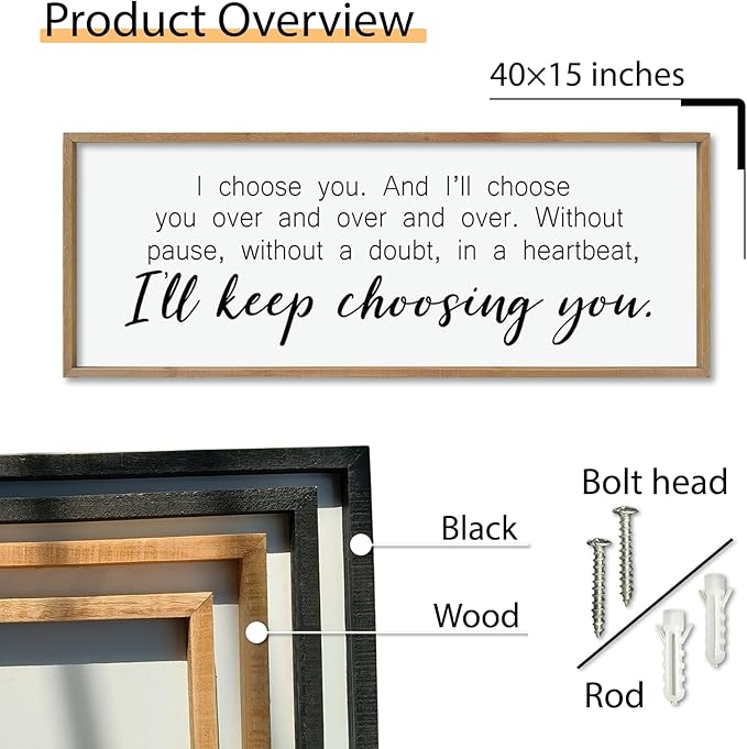 comurdyo I'll Keep Choosing You Sign 40"X15" for Master Bedroom Above Bed Wall Decor I Choose You Large Wood Framed Wall Hanging Art (Wood)-Ruum Studio Home