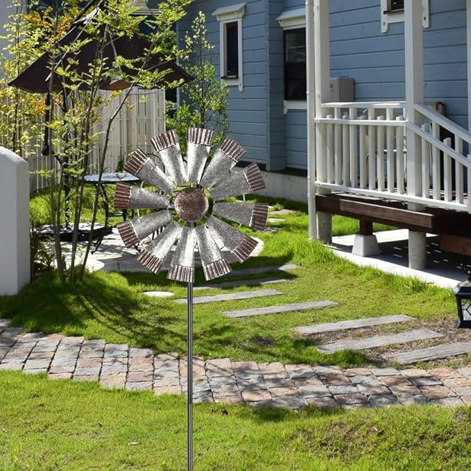 Wind Spinners Outdoor，Metal Vintage Style Single Sided Silver Windmill Kinetic Wind Spinner for Outdoor Garden Patio Yard Decor,Diameter 13 Inches-Ruum Studio Home