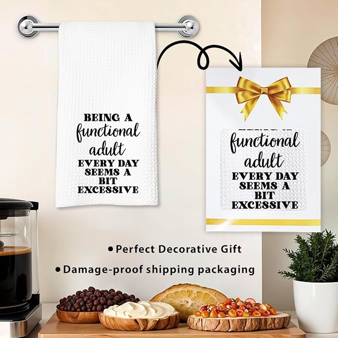 Funny Dish Towel, Waffle Weave Microfiber Tea Towel, Being A Functional Adult Every Day Seems A Bit Excessive, Sarcastic Kitchen Hand Towel, Gag Gift for Women Friend Sister-Ruum Studio Home