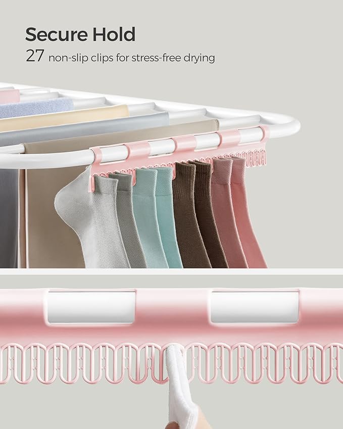 SONGMICS Clothes Drying Rack, Foldable 2-Level Laundry Drying Rack, Free-Standing Laundry Airer, with Height-Adjustable Wings, 33 Drying Rails, Sock Clips, White and Pink ULLR053P01V1-Ruum Studio Home