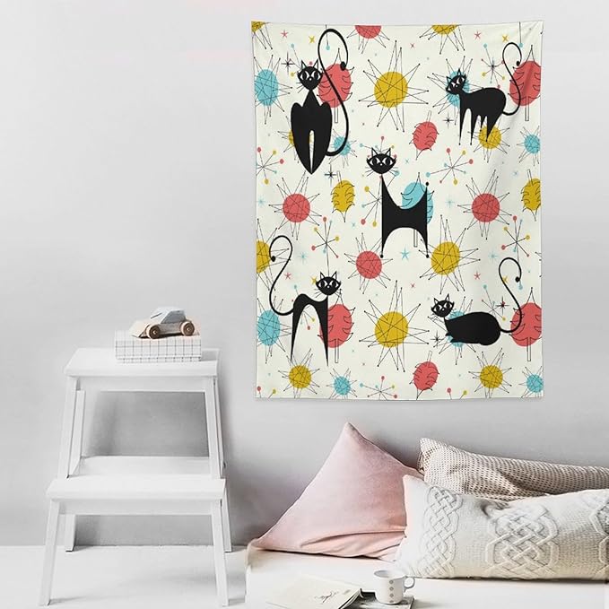 ICMOLYYENLO Abstract Cat Tapestry, Medieval Abstract Atomic Star Cat Vintage Home Wall Hanging Art Tapestry for Bedroom Living Room Dormitory 50x60 Inch-Ruum Studio Home
