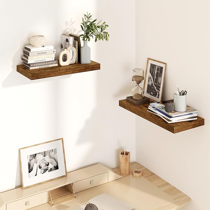 Fun Memories Floating Shelves for Wall, 8 Inch Deep Floating Wall Shelf, 16" x 8" Floating Shelves - Set of 2, Rustic Wooden Storage Shelves for Bathroom, Living Room, Kitchen, Rustic Brown Color-Ruum Studio Home