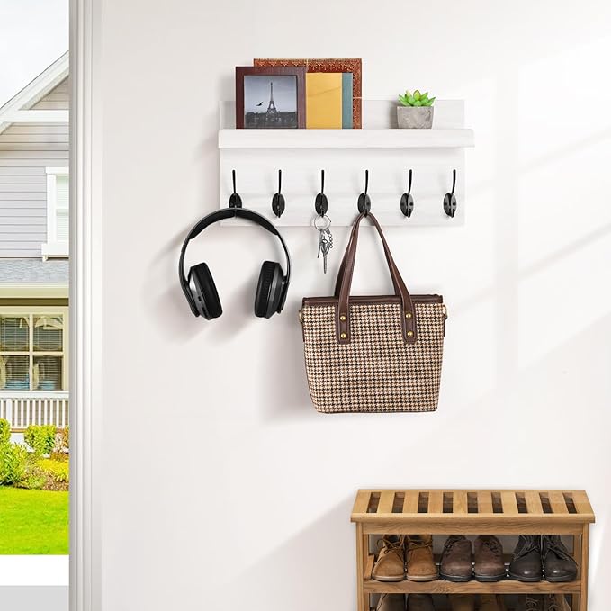 Shelf with Hooks, Coat Rack Wall Mount with 6 Double Metal Hooks, 17 Inch Farmhouse Wall Hooks with Shelf for Entryway, Bathroom, Kitchen, White-Ruum Studio Home