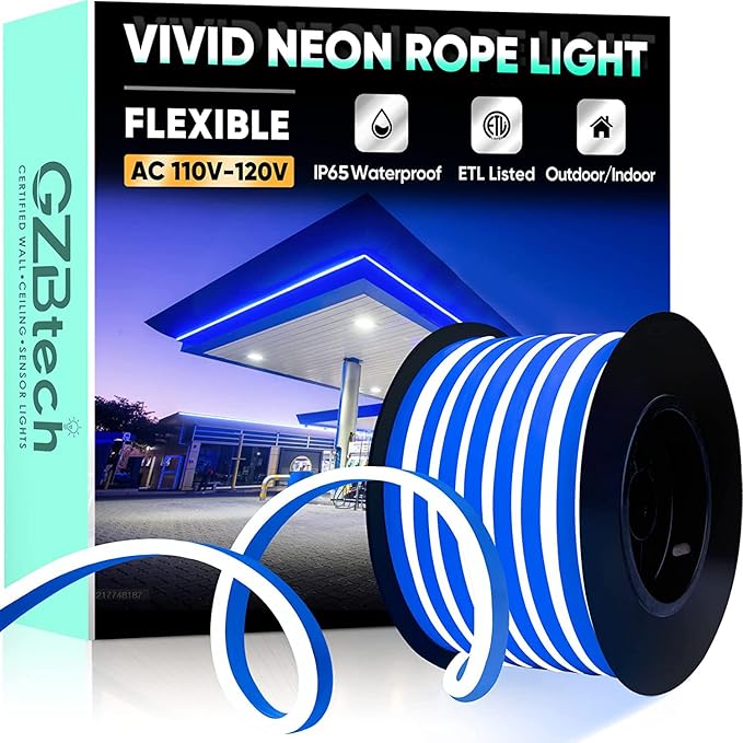 GZBtech Flexible LED Neon Rope Lights 50FT,AC 110-120V Waterproof Strip Light, 120 LEDs/M Cuttable Connectable Neon Lighting for Indoor Outdoor Home Decor/Commercial Building Use-Blue 15M-Ruum Studio Home