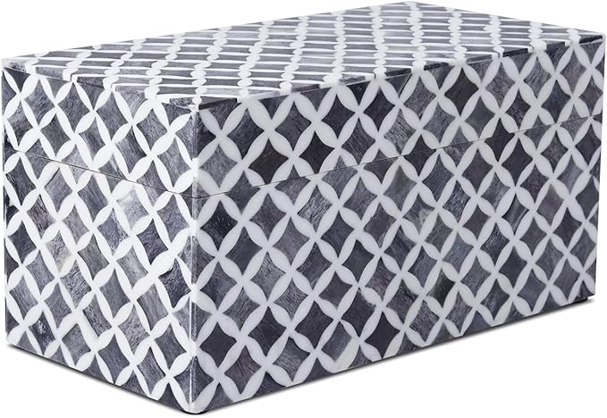 Handicrafts Home White Handmade Keepsake Organizer with Lid Decorative Storage Box- Star Pattern Collection Memories Holder for Jewelry, Photos & Cards- Home Decor Accents- Bone & Resin Inlay- 10x5x5-Ruum Studio Home