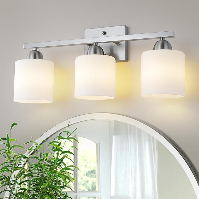 Stainless Steel Milk Glass Vanity Lights for Bathroom, 3 Light Brushed Nickel Bathroom Light Fixtures Over Mirror, Ceramic E26 Sockets Wall Mounted-Ruum Studio Home