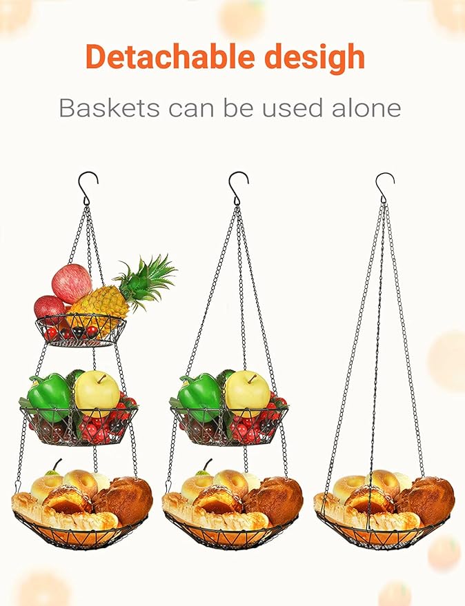 3 Tier Hanging Basket with Sturdy Metal Chain Hanging Hooks Fruit and Vegetable Basket Heavy Duty Wire Organizer Space Saving Rustic Country Style Kitchen Storage-Ruum Studio Home