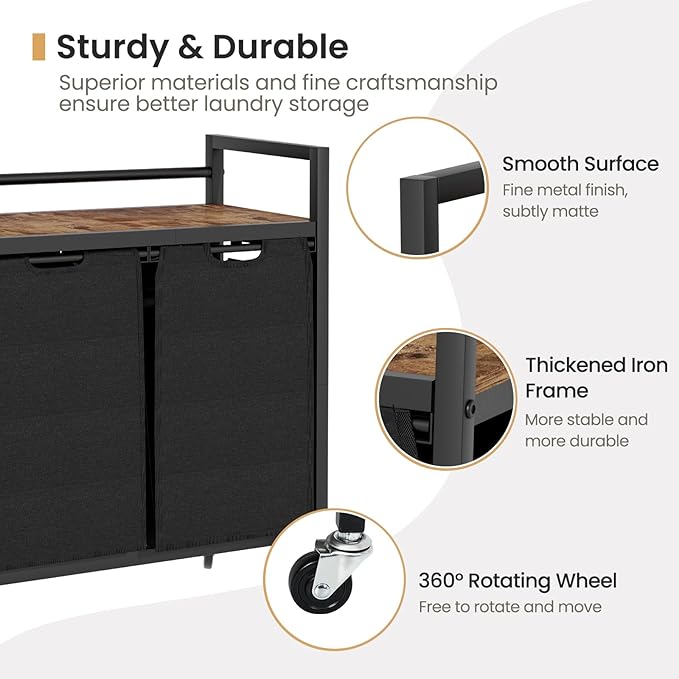 Laundry Hamper, Laundry Basket, Laundry Sorter with 2 Removable Bags, Clothes Basket with 2 Compartments, Wheels, Shelf for Laundry Room Bathroom Bedroom (2 Bags-Black)-Ruum Studio Home