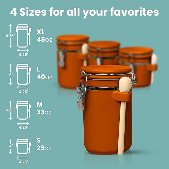Home Intuition Ceramic Kitchen Canisters Set of 4 with Wooden Spoon Set – Airtight Containers, Metal Latches for Utmost Freshness – Sugar, Coffee, Flour, Tea & More | Rust-Ruum Studio Home