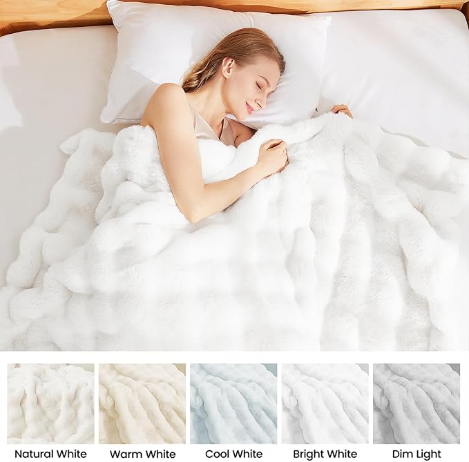 Latepis White Faux Fur Queen Blanket Cozy Bubble Soft Fuzzy Thick Living Room Blankets for Bed Sofa Bedroom Plush Fluffy Warm Blankets for All Seasons Luxury Throw Blanket 90x90 Inch, 860gsm-Ruum Studio Home