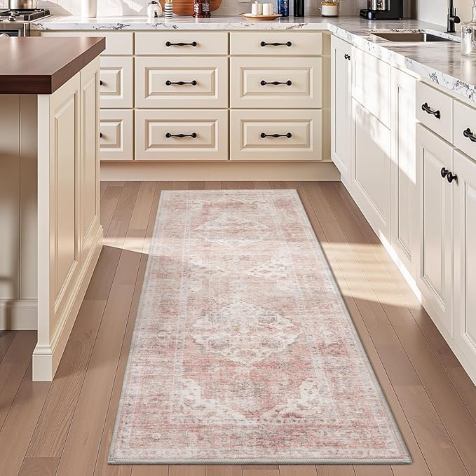 AMOAMI-2X6 Runner Rug-Washable Runners for Hallways-Soft Non Slip Bedside Rugs for Bedroom-Vintage Long Rug for Hallways Entryway Laundry Room Stair Kitchen Bathroom Pink-Ruum Studio Home