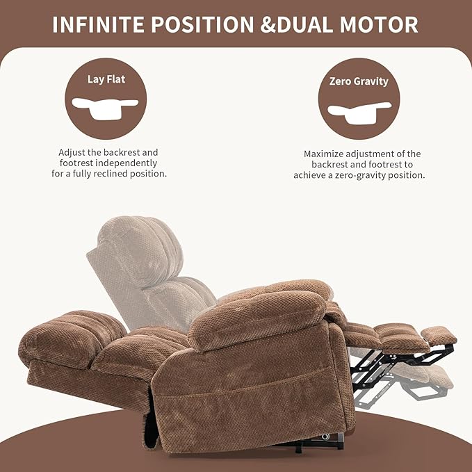 Oversized Power Lift Recliner Chair with Adjustable Headrest for Elderly,Dual Motor Lay Flat Recliner Chair with USB Port,Type C,Big and Tall Recliner with Massage and Heat,Cup Holders,Storebox,Brown-Ruum Studio Home