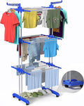 Bigzzia Clothes Drying Rack, 67.7 Inch Laundry Drying Rack with Foldable Base, 4 Tier Stainless Steel Drying Rack Clothing, Movable Laundry Rack for Indoor Outdoor-Blue-Ruum Studio Home