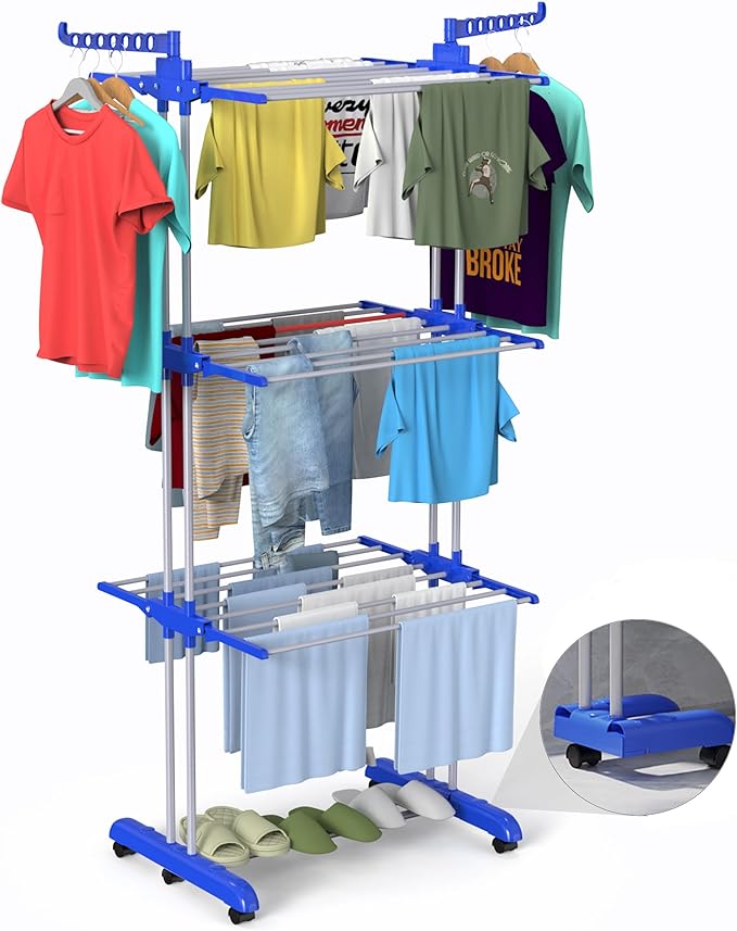 Bigzzia Clothes Drying Rack, 67.7 Inch Laundry Drying Rack with Foldable Base, 4 Tier Stainless Steel Drying Rack Clothing, Movable Laundry Rack for Indoor Outdoor-Blue-Ruum Studio Home