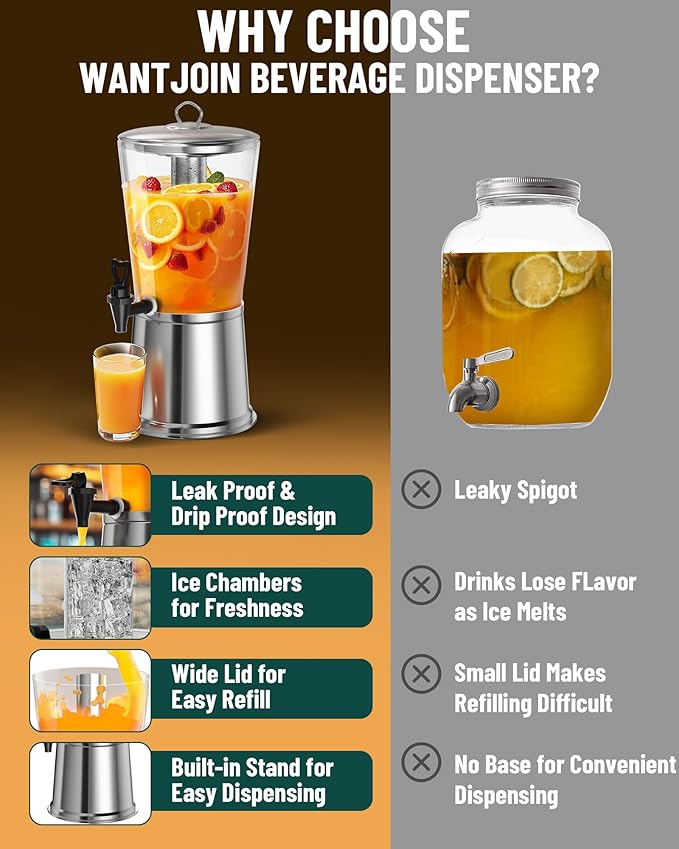 WantJoin Beverage Dispenser With Stand, Drink Dispenser for Party, Stainless Steel Water Dispenser with Ice Core, Spigot, Drink Jar Jug For Home Parties Lemonade, Clear Acrylic, 2-GALLONS 8 Liters-Ruum Studio Home