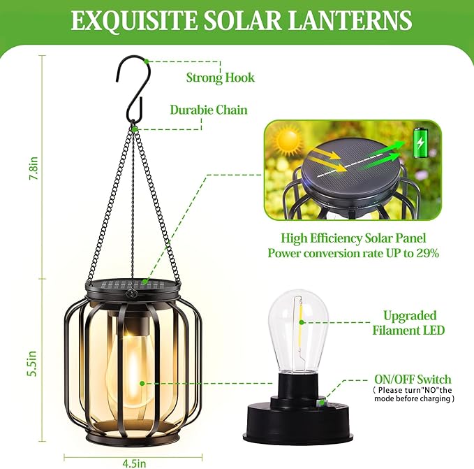 Solar Hanging Lanterns Outdoor: 2 Pack Metal Solar Hanging Lights with Hook, Bright - Warm Waterproof LED Lanterns for Outside, Classic Decorative Solar-Powered Light for Yard Garden Patio Porch Decor-Ruum Studio Home