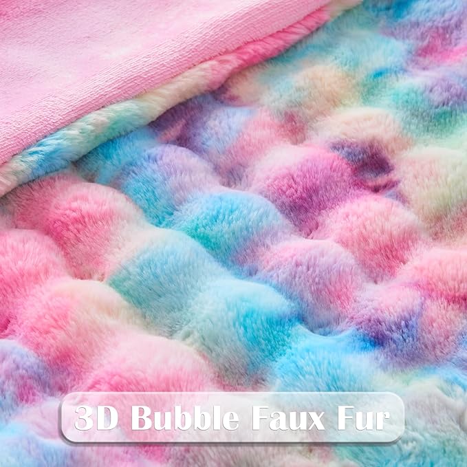 NEWCOSPLAY Faux Fur Throw Blanket Dark Rainbow Luxury Fluffy Thick Warm Bubble Blanket for Couch Sofa Bed 700GSM (Dark Rainbow, Throw(50"x60"))-Ruum Studio Home