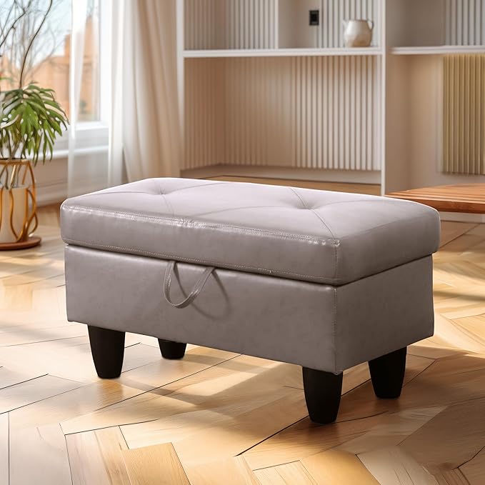 Ottoman Rectangular Storage Ottoman Bench, Faux Leather Footrest, Coffee Table, Stool Footstool with Hinged Lid for Living Room, Bedroom, Entryway, Champagne, 28.5"x19"x17.5"-Ruum Studio Home