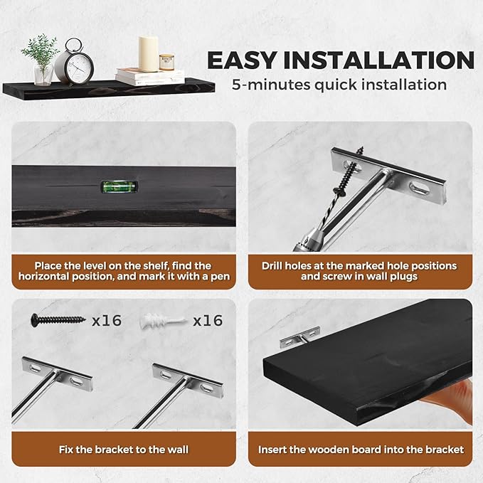 Floating Wall Shelves 4-Pack - Rustic Black 16-inch Wooden Wall Shelves for Storage and Décor, Multi-Functional and Easy to Install for Living Room, Bedroom, and Kitchen-Ruum Studio Home