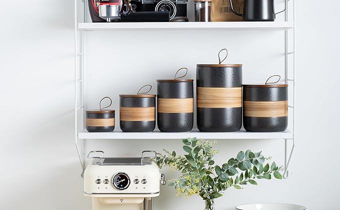 Small Ceramic Jar with Lid, Coffee Container Kitchen Food Storage Jars for Spice Sugar Tea Bag Matcha Container Airtight, Stacairtightkable Decorative Jars for Countertop, Black & 5oz-Ruum Studio Home