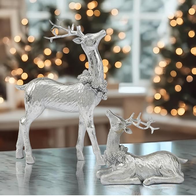 DN DECONATION Christmas Reindeer Figurines, Winter Deer Small Statues Decor, Silver Decorative Reindeer Sculptures, Resin Xmas Holiday Home Décor Accents for Office Living Room & Bedroom 2PCS-Ruum Studio Home