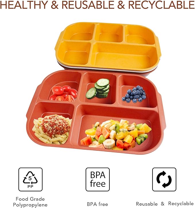 greenandlife 10.8 Inch 4PCS Divided Plates for Kids Adults, Portion Control Plates, Dishwasher & Microwave Safe Compartment Plate, Unbreakable Lightweight Reusable Wheat Straw Plates, Sunset-Ruum Studio Home