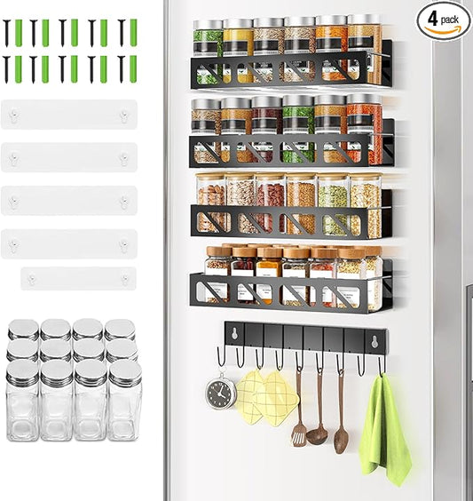 Magnetic Spice Rack Organizer for Fridge Seasoning Organizer for Kitchen storage with Screw or Adhesive Hanging,Magnetic Shelf with Hook for Refrigerator and Oven (Black, 5pack&12pcs)-Ruum Studio Home