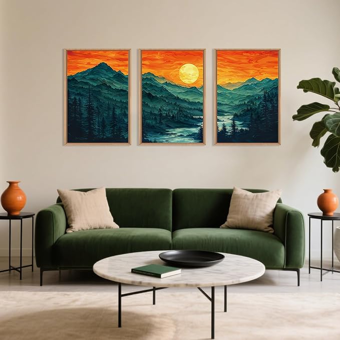 Woodland Mountain Framed Canvas Wall Art Set, Abstract Ridge Wall Painting, Boho Sunset Scenery Wall Decor, Modern Natural Landscape Art Print for Living Room, Bedroom, Office - 16"x24"x3-Ruum Studio Home