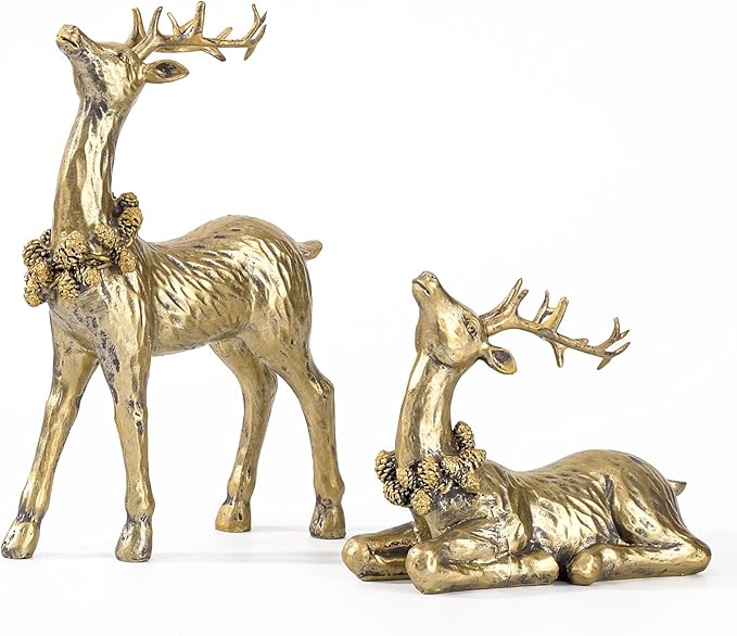 DN DECONATION 2pcs Gold Christmas Reindeer Statue, Christmas Clearance Small Resin Reindeer Figurine Indoor, Tabletop Reindeer Christmas Decor, Deer Figurine Decorations for Home-Ruum Studio Home