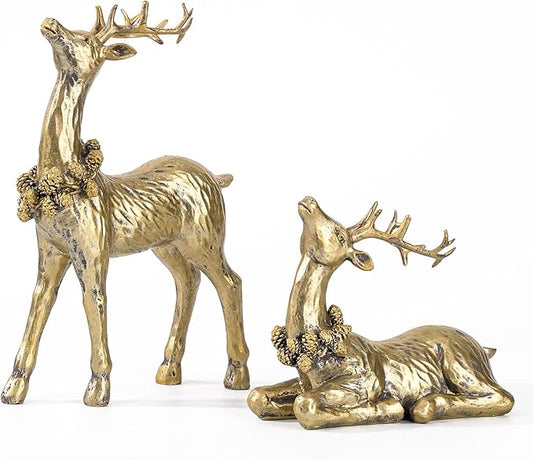 DN DECONATION 2pcs Gold Christmas Reindeer Statue, Christmas Clearance Small Resin Reindeer Figurine Indoor, Tabletop Reindeer Christmas Decor, Deer Figurine Decorations for Home-Ruum Studio Home