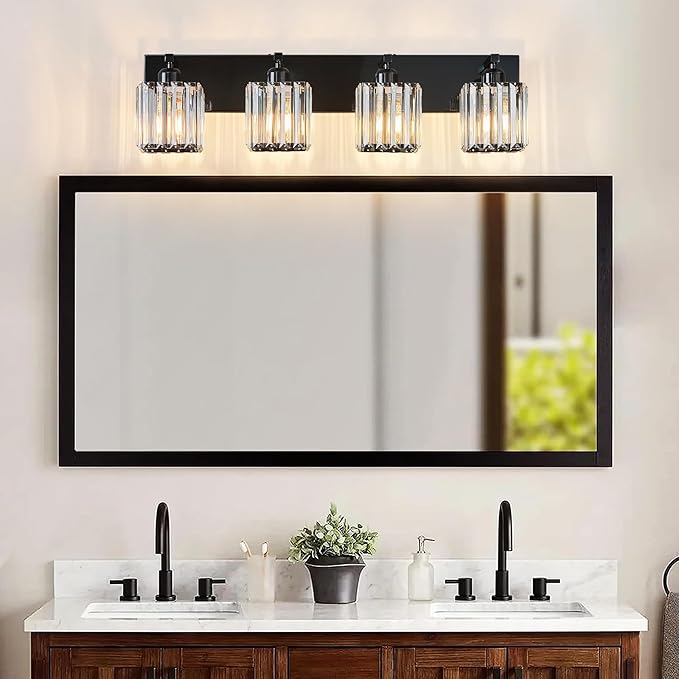 Modern Bathroom Vanity Light 4-Lights Plating Black Crystal Bathroom Wall Light Vanity Light Fixtures-Ruum Studio Home