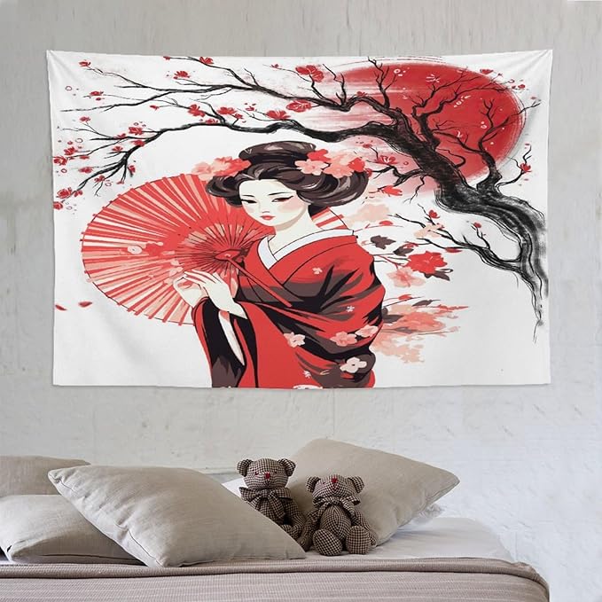 Japanese Red Geisha Tapestry Asian Cherry Blossom Traditional Kimono Folk Tapestries Home Decor for Living Room Bedroom Apartment Farmhouse Dorm 90"x60"-Ruum Studio Home