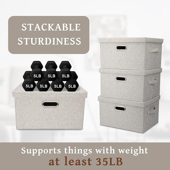 Medium 15" 21 Quart Collapsible Stackable Storage Bins with Lids, 5 Packs Beige Foldable Fabric Closet Boxes Heavy-duty Lidded Linen Cube Baskets Container Organizers and Storage-Ruum Studio Home